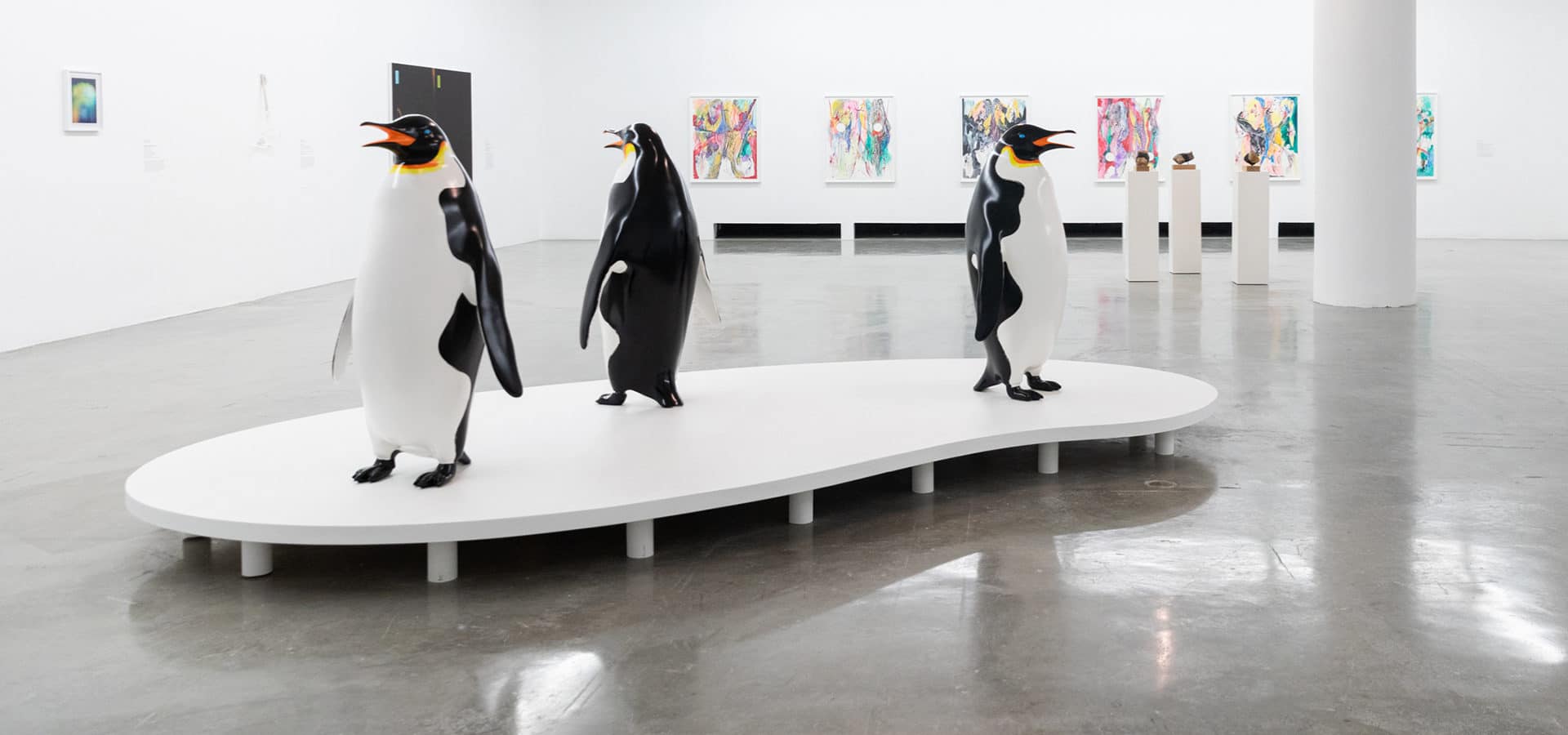 John Baldessari’s Quack (2018) in front of Laddie John Dill’s CalArts Light (2018) at REDCAT.