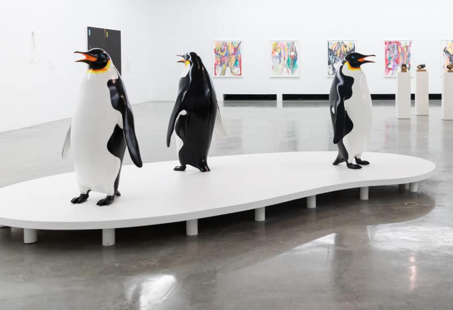 John Baldessari’s Quack (2018) in front of Laddie John Dill’s CalArts Light (2018) at REDCAT.