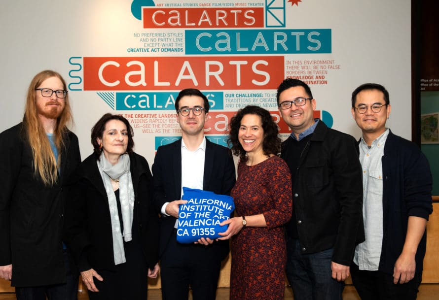 Members of the search committee celebrate with João Ribas (center), the newly appointed executive director of REDCAT. Edgar Miramontes (second from right) was promoted to deputy executive director and curator. Also, left to right: Michael Ned Holte (faculty), Berenice Reynaud (faculty), Tracie Costantino (provost and search committee chair), and Chi-wang Yang (faculty). Not pictured: Tim Disney (chair of CalArts Board of Trustees and search committee member).