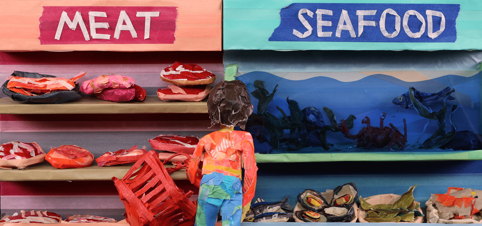 Stills from ‘Recipe for Action.’ The character’s choice between meat and seafood protein becomes a teaching opportunity about the environmental effects of food.