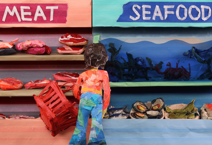 Stills from ‘Recipe for Action.’ The character’s choice between meat and seafood protein becomes a teaching opportunity about the environmental effects of food.