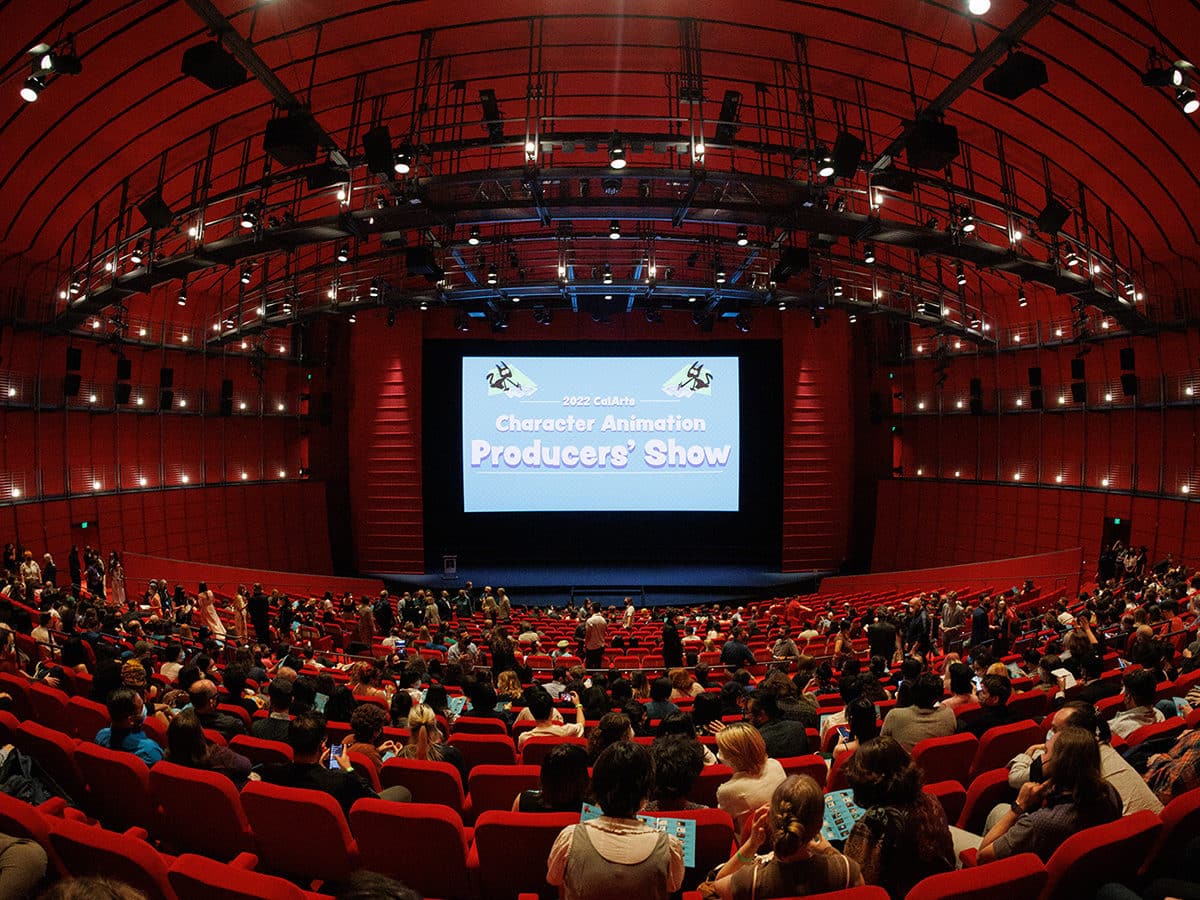 Wide vertical shot of the Geffen Theater, which is red from floor to ceiling.