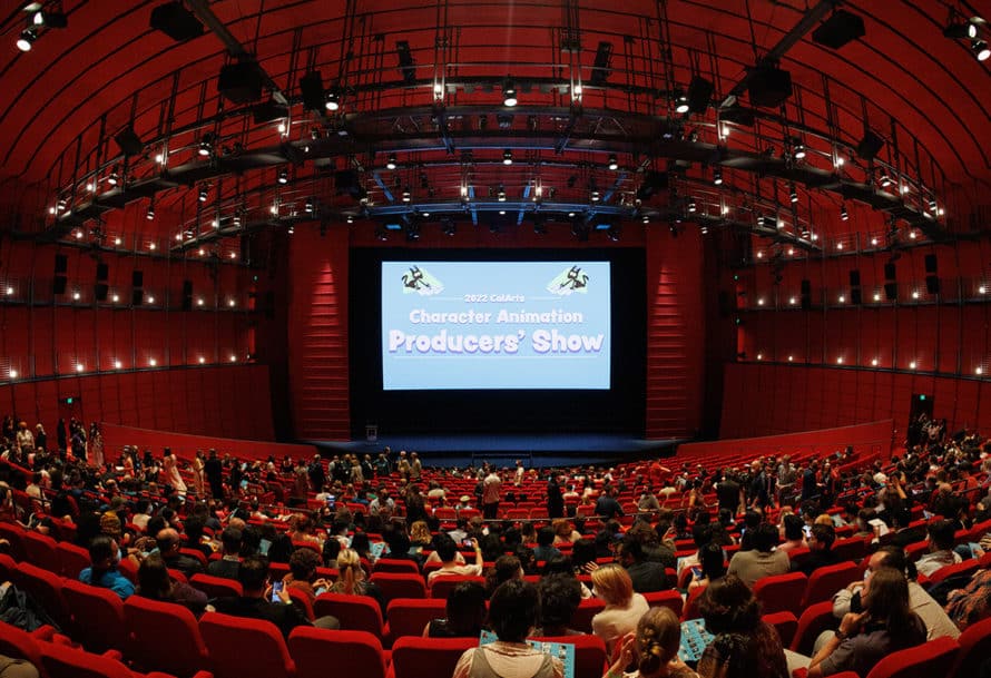 Wide vertical shot of the Geffen Theater, which is red from floor to ceiling.