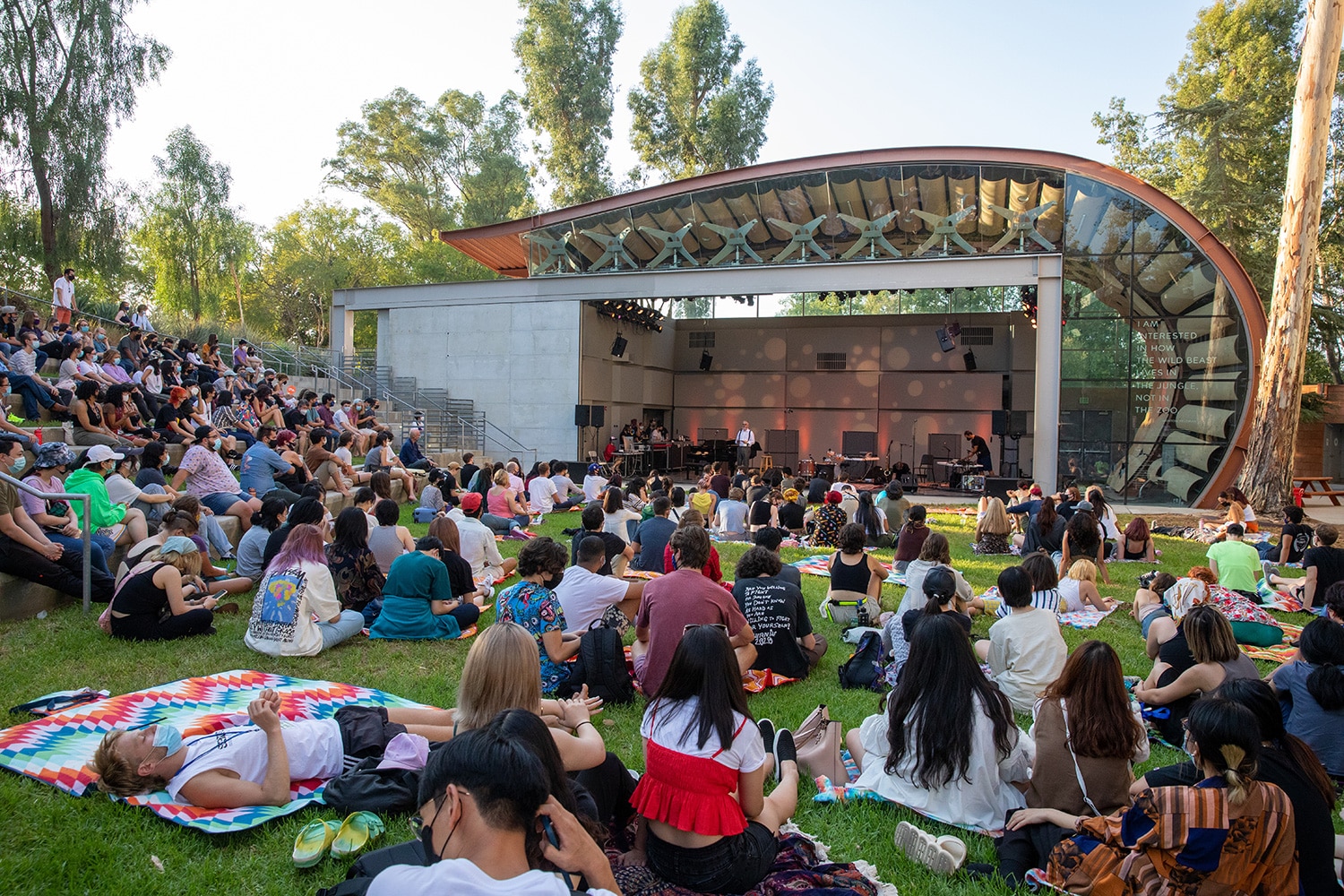 Students seated on the lawn watching a performance in the Wild Beast.