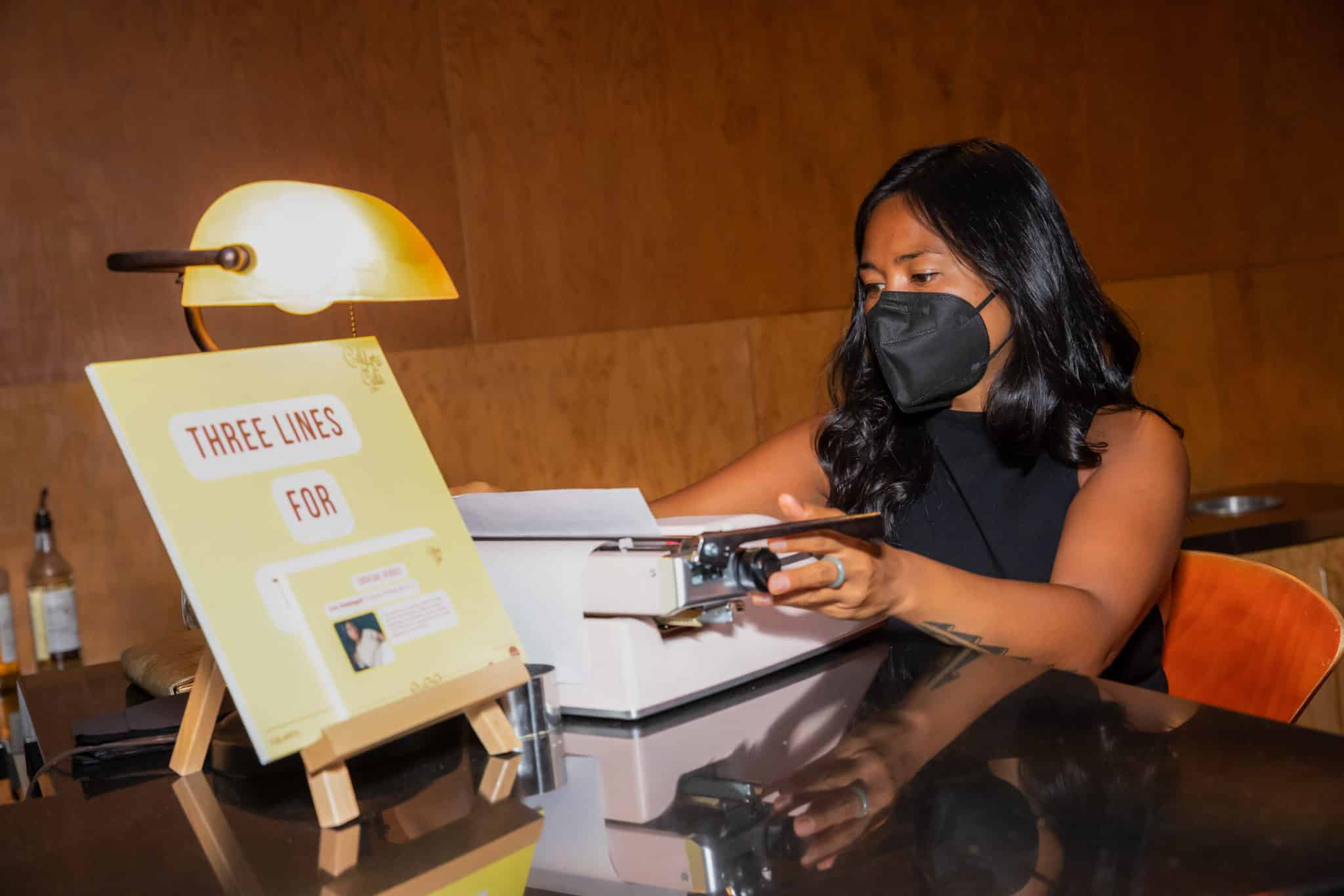 Ica Sadagat (Creative Writing MFA 22) Poet, essayist, and collaborative artist, made improvised poems, letters, and textual experiments on her interaction with Gala attendees at the REDCAT bar.