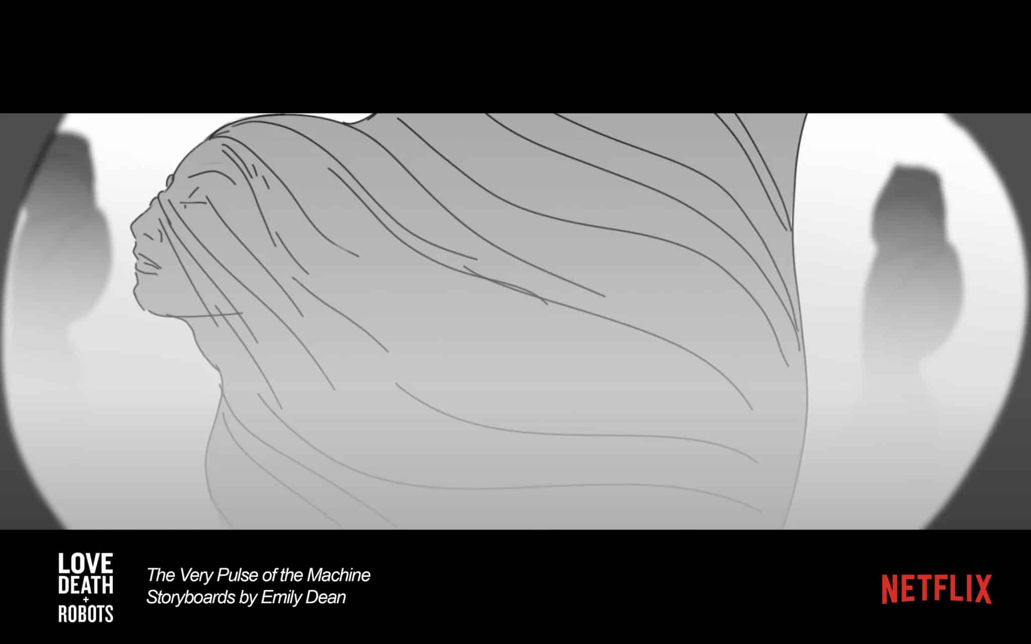 Storyboard sketch of a woman's face emerges from the side of a pillar.