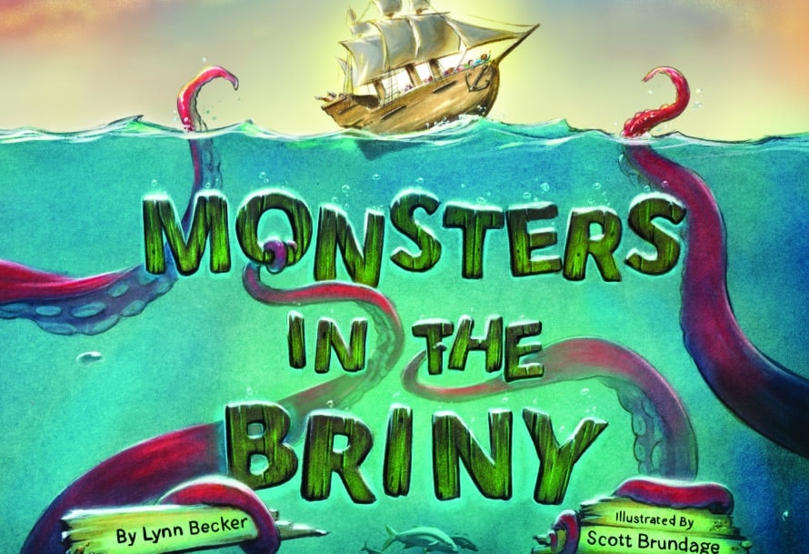 cover of a book with a cartoon design of a boat and octopus legs coming up from the water