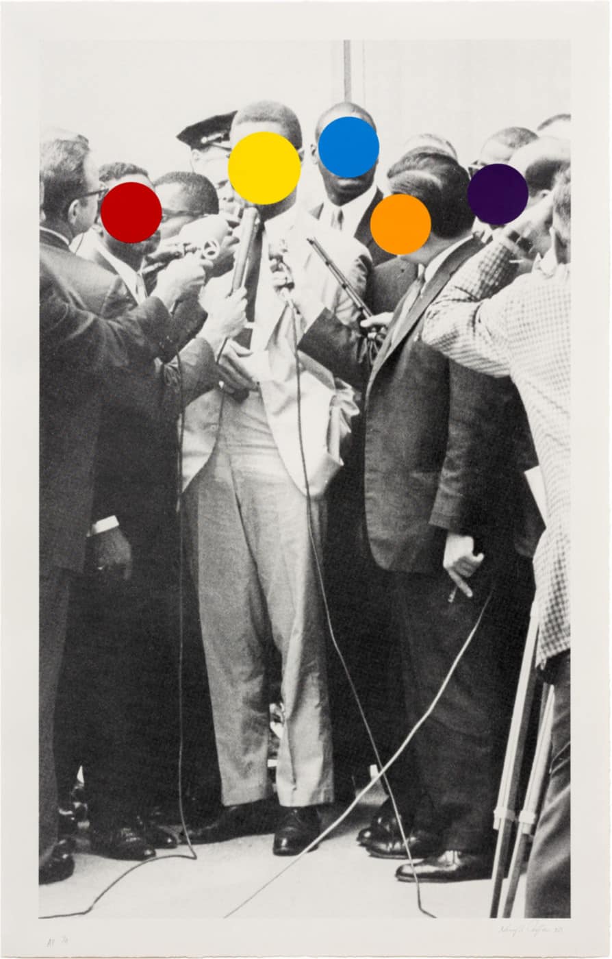 photography of historical African American civil rights leaders with circle stickers over their faces - artwork by Henry Taylor (CalArts ’97)