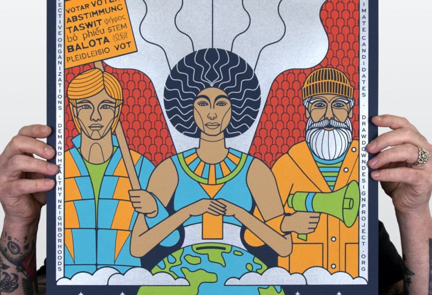 Hands holding either side of a graphic poster with text 'Engage' and 'Reach Drawdown' featuring three illustrated individuals