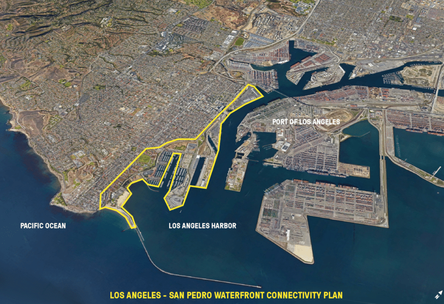 Satellite map of Los Angeles harbor signifying Pacific Ocean and Port of Los Angeles