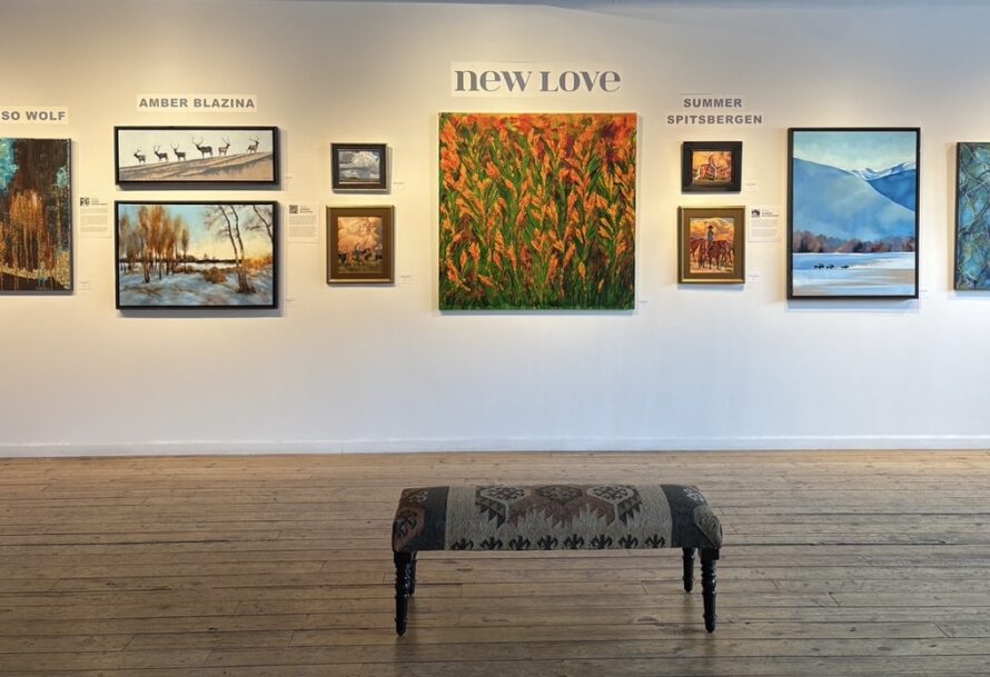 Art gallery wall with various paintings and a bench in front