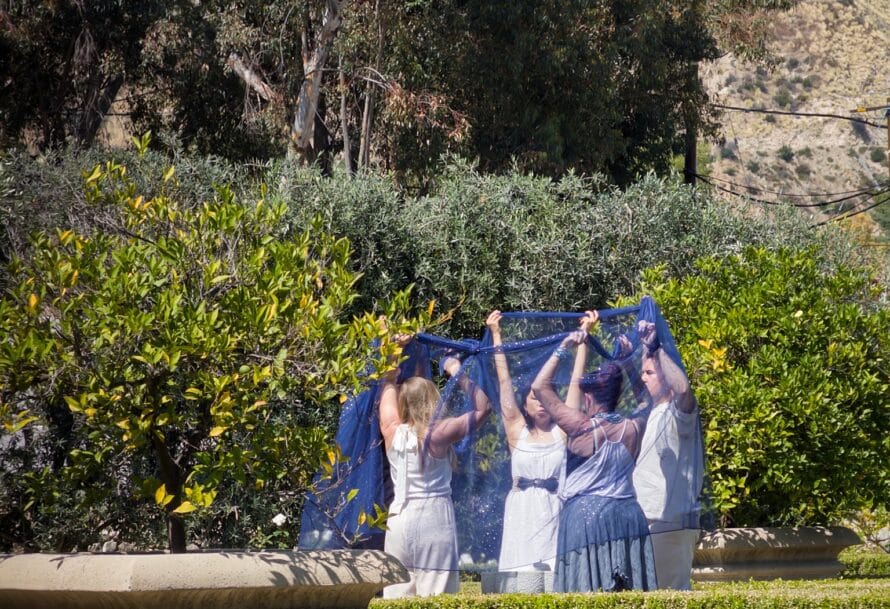 Four people wearing light-colored dresses hold up sheer blue fabric in a garden surrounded by lush green and yellow shrubs.