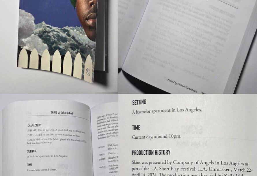 Cover of "The Best 10-Minute Plays 2025," showing a collage of a male face with ivy; inside pages display the play "Skins" with character descriptions and production details.