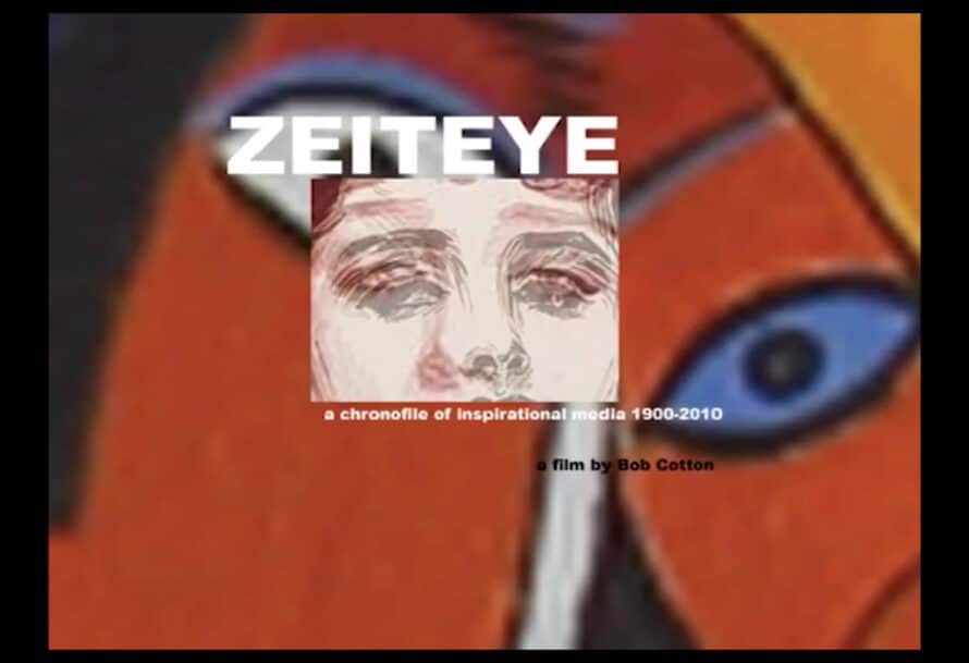 A vibrant, abstract background with orange and dark tones, featuring a central portrait of a face with expressive brush strokes. The title "ZEITEYE" is prominently displayed above the portrait, with additional text below detailing the film's concept and its creator.