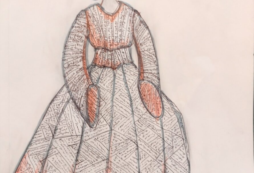 A paper costume design of a dress inspired by "The Handmaid's Tale" with a fitted bodice, voluminous sleeves, and a full skirt, featuring a pattern of handwritten text in black and orange accents.
